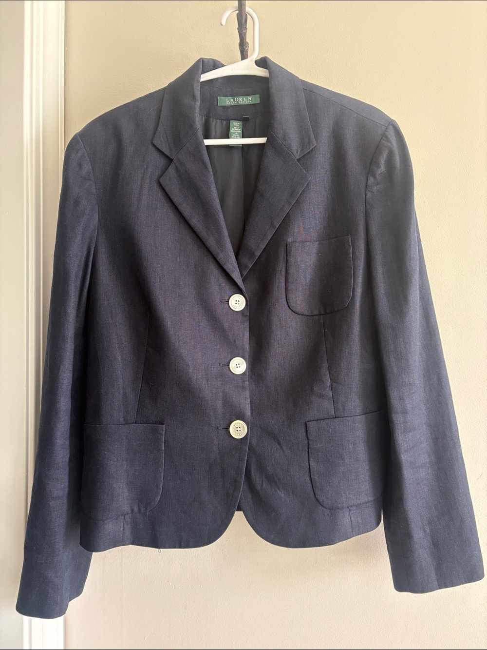 Lauren Ralph Lauren Vintage 100% Linen 3-Button Patch Pocket Blazer Navy 14